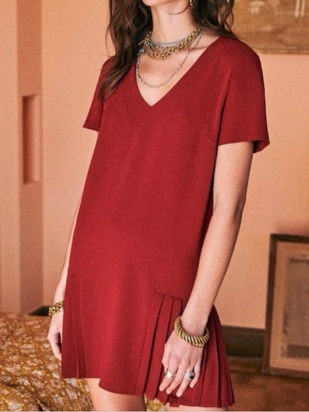 Sezane Liora Pleated Dress In Bordeaux